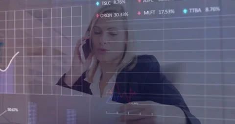 Animation of data processing over caucasian woman holding a document talking on Stock Footage 327902160