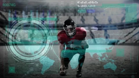 Animation of data processing over caucasian male rugby player running and ball Stock Footage 327960984