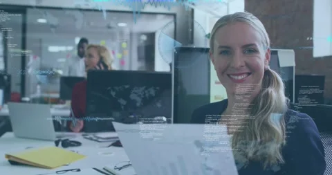 Animation of data processing over caucasian businesswoman with document smiling Stock Footage 328235412