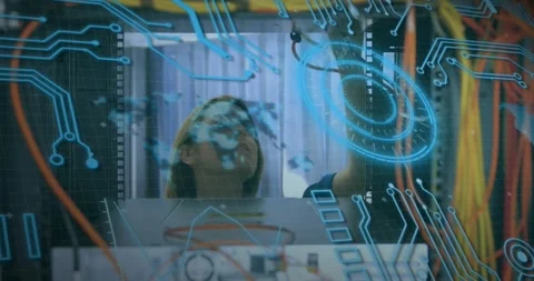 Animation of data processing over caucasian woman checking computer wires Stock Footage 328239528