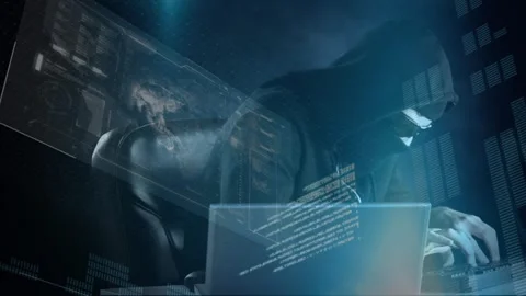 Animation of data processing over caucasian male computer hacker in balaclava Stock Footage 328242918