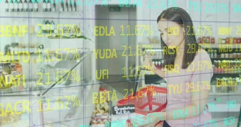 Animation of data processing over caucasian female customer shopping Stock Footage 328290660