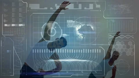 Animation of data processing over caucasian couple exercising on beach Stock Footage 328302073
