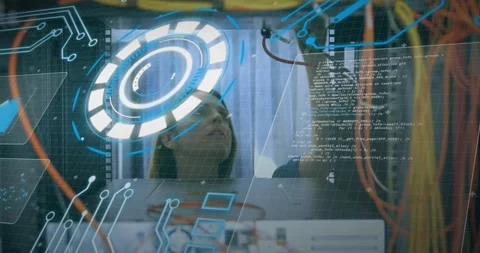 Animation of data processing over caucasian it female engineer fixing cables of Stock Footage 328412477