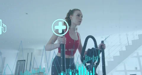 Animation of data processing over caucasian woman exercising Stock Footage 328457084