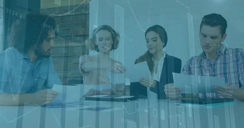 Animation of data processing over caucasian woman giving documents to colleagues Stock Footage 328466709