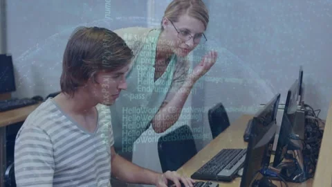 Animation of data processing over caucasian female teacher and teenage boy using Stock Footage 328506684