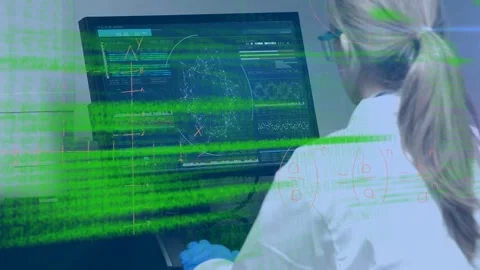Animation of data processing over caucasian female scientist using computer Stock Footage 328645037