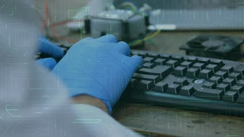 Animation of data processing over caucasian computer hacker using computer Stock Footage 328836204