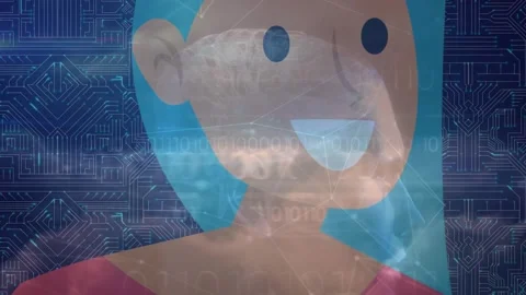 Animation of data processing over caucasian woman icon and computer circuit Stock Footage 329026274