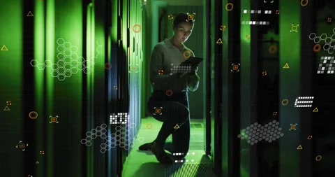 Animation of data processing over caucasian female it technician by computer Stock Footage 329223296