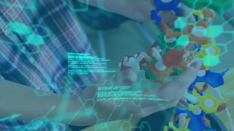 Animation of data processing over caucasian schoolboy with model Stock Footage 329364248