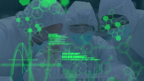 Animation of data processing over caucasian male and female scientists with test Stock Footage 329372044