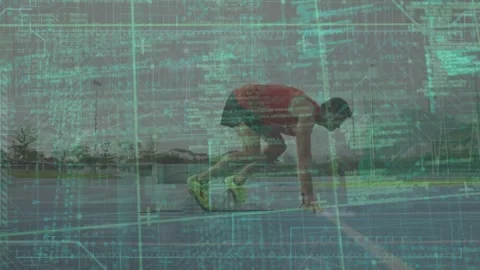 Animation of data processing over caucasian man preparing for run at stadium 스톡 동영상 329496781