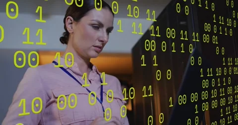 Animation of data processing over caucasian businesswoman using laptop in server Stock Footage 329509651