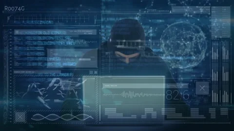 Animation of data processing over caucasian male computer hacker in balaclava Stock Footage 329510650
