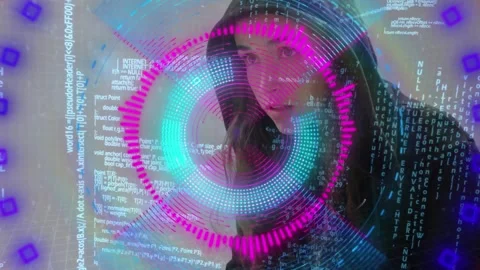 Animation of data processing over caucasian female hacker Stock Footage 329695095