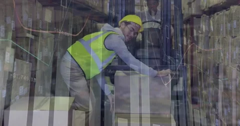 Animation of data processing over caucasian male worker stacking a box on Stock Footage 329769734