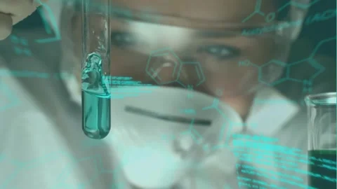 Animation of data processing over caucasian female scientist doing experiments Stock Footage 329850810