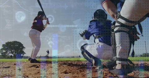 Animation of data processing over caucasian baseball players Stock Footage 329857783