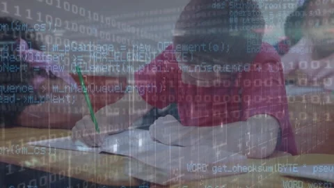 Animation of data processing over caucasian boy writing in notebook at school Stock Footage 329971106