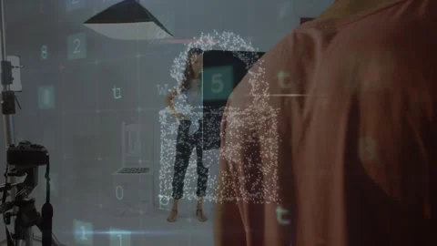 Animation of data processing over caucasian photographer with female model Stock Footage 330054318