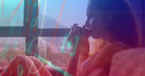 Animation of data processing over caucasian woman drinking tea Stock Footage 330061839