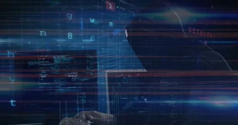 Animation of data processing over caucasian male hacker using computer Stock Footage 330104927