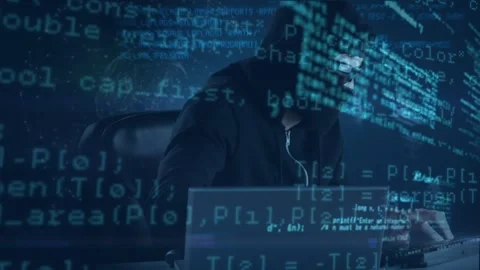 Animation of data processing over caucasian male computer hacker in balaclava Stock Footage 330255152