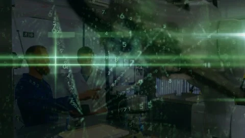 Animation of data processing over caucasian male engineers working with Stock Footage 330255331