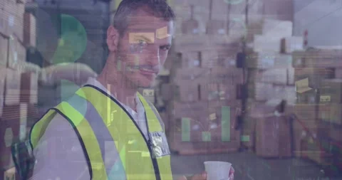 Animation of data processing over caucasian male worker in warehouse Видео 330287860