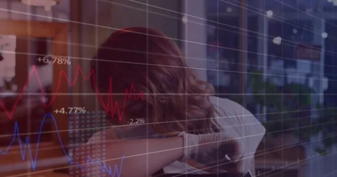 Animation of data processing over caucasian female worker sneezing with face Stock Footage 330296627