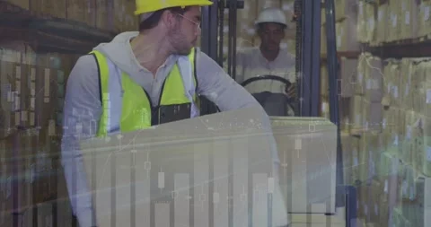 Animation of data processing over caucasian male worker stacking delivery boxes Stock Footage 330474919