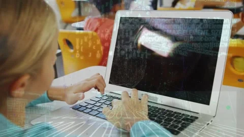 Animation of data processing over caucasian girl using laptop at school Stock Footage 330724379