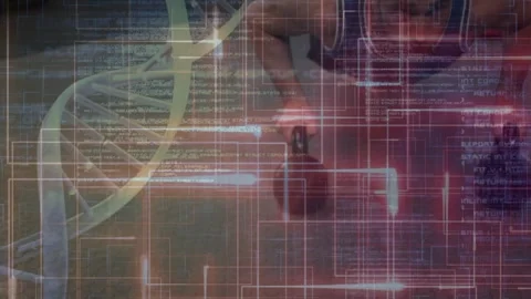 Animation of data processing over caucasian man exercising at gym and dna strand Stock Footage 330943627