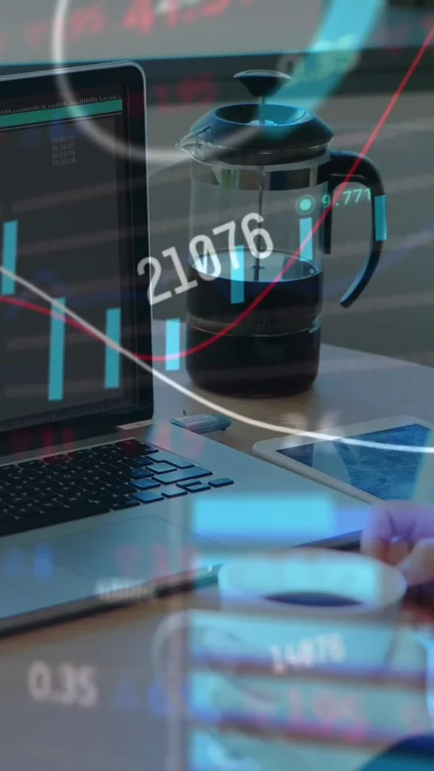 Animation of data processing over caucasian businesswoman drinking coffee and Stock Footage 341927276