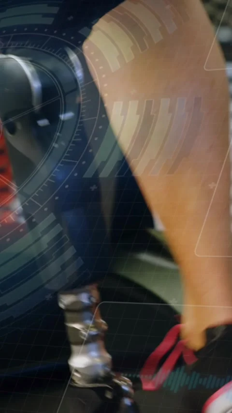 Animation of data processing over caucasian woman with prosthetic leg walking on Stock Footage 341976384