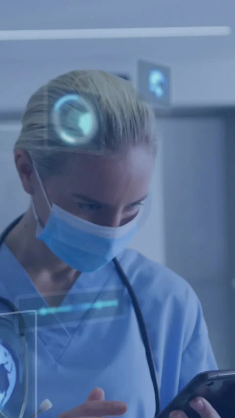 Animation of data processing over caucasian female doctor with tablet Stock Footage 342009777