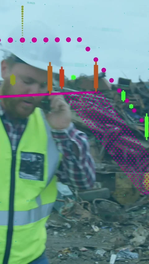 Animation of data processing over caucasian male worker at rubbish dump Stock Footage 342009888