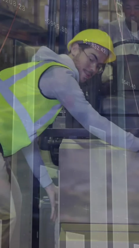 Animation of data processing over caucasian male worker stacking a box on Stock Footage 342805786