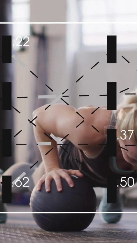 Animation of data processing over caucasian woman exercising at gym Stock Footage 342806405