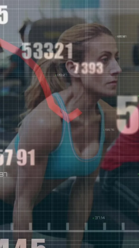 Animation of data processing over caucasian couple exercising at gym Vídeo Stock 342953573
