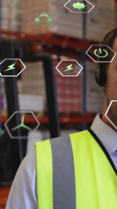 Animation of data processing over caucasian man using phone in warehouse Stock Footage 342997438