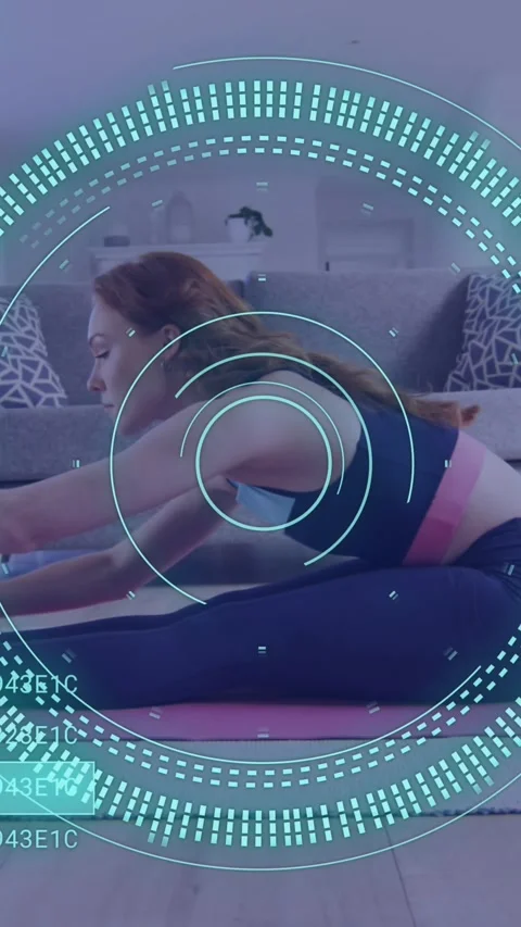 Animation of data processing over caucasian woman exercising, using laptop Stock Footage 343608487