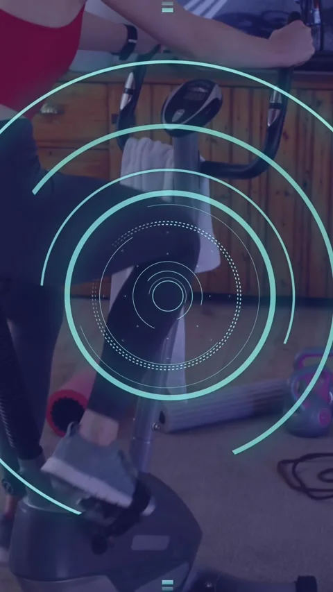 Animation of data processing over caucasian woman exercising, using stationary Stock Footage 343640774