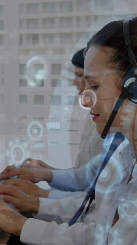 Animation of data processing over caucasian woman wearing phone headset using Stock Footage 343867499