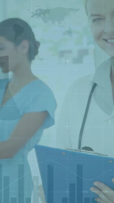 Animation of data processing over caucasian senior female doctor holding reports Stock Footage 344678349