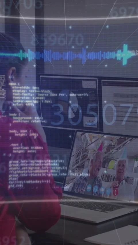 Animation of data processing over caucasian businesswoman wearing vr phone Stock Footage 344693812