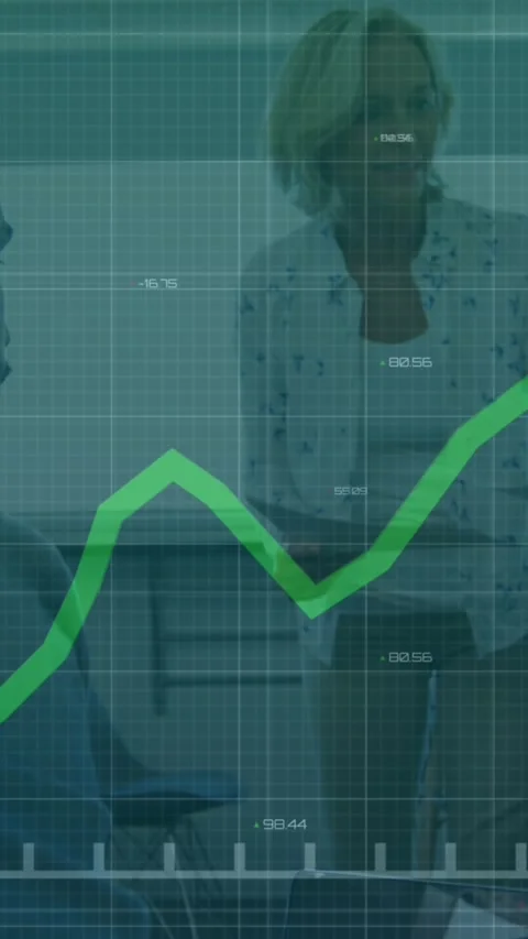 Animation of data processing over caucasian woman giving documents to colleagues Stock Footage 344693934