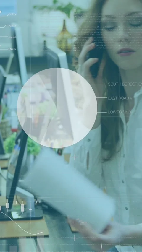 Animation of data processing over caucasian woman holding a document talking on Stock Footage 344746197